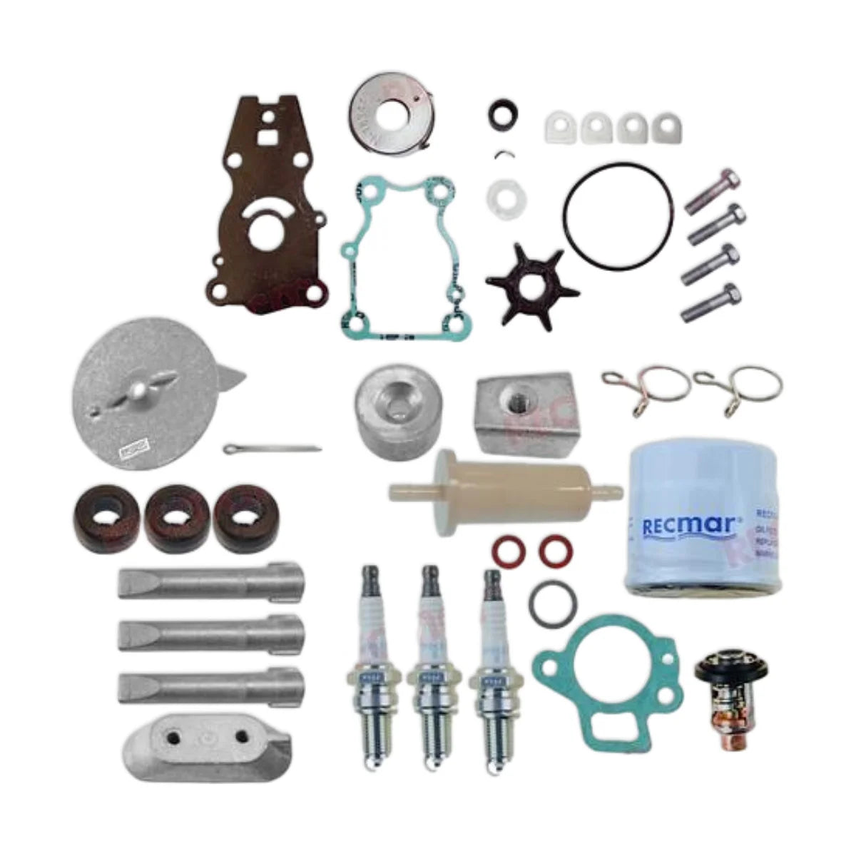 Image of various engine service and maintenance parts on a white background.