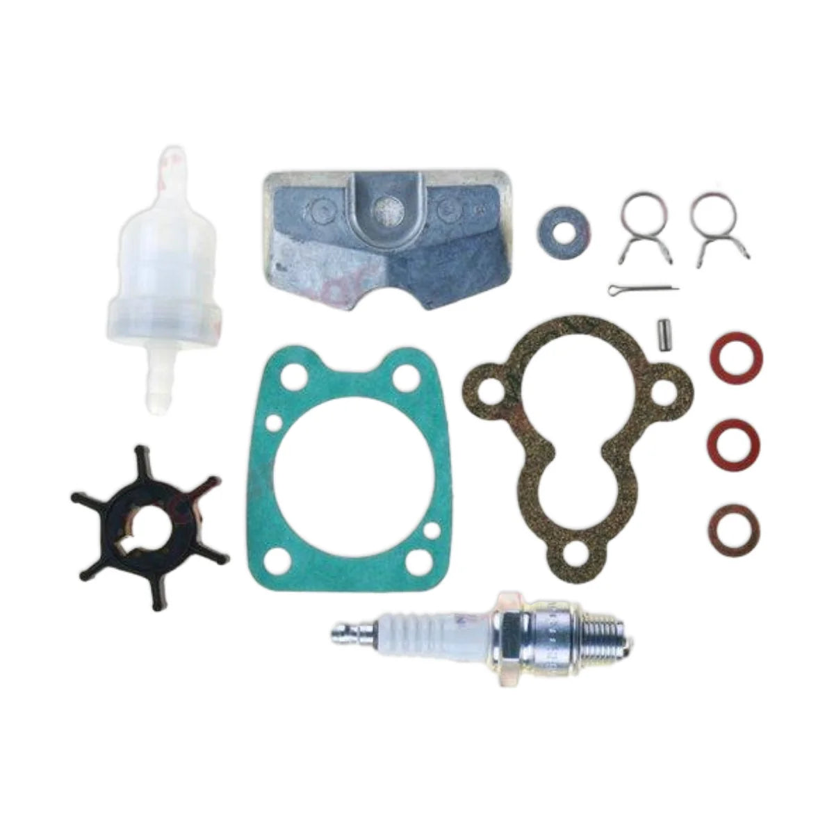 Image of various engine service and maintenance parts on a white background.