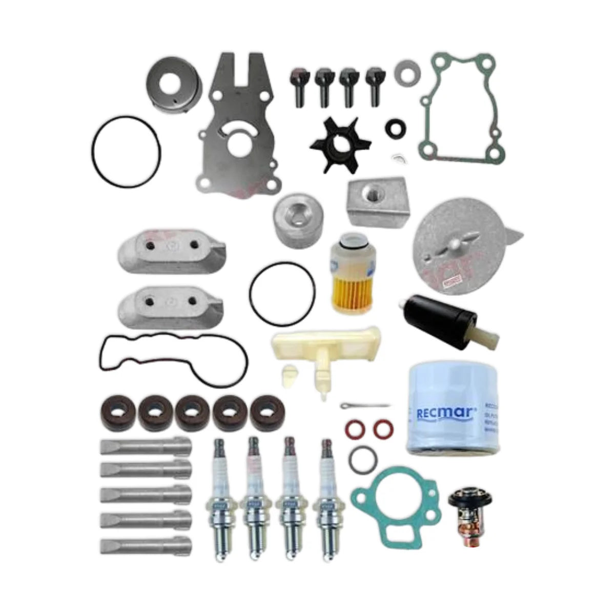 Image of various engine service and maintenance parts on a white background.