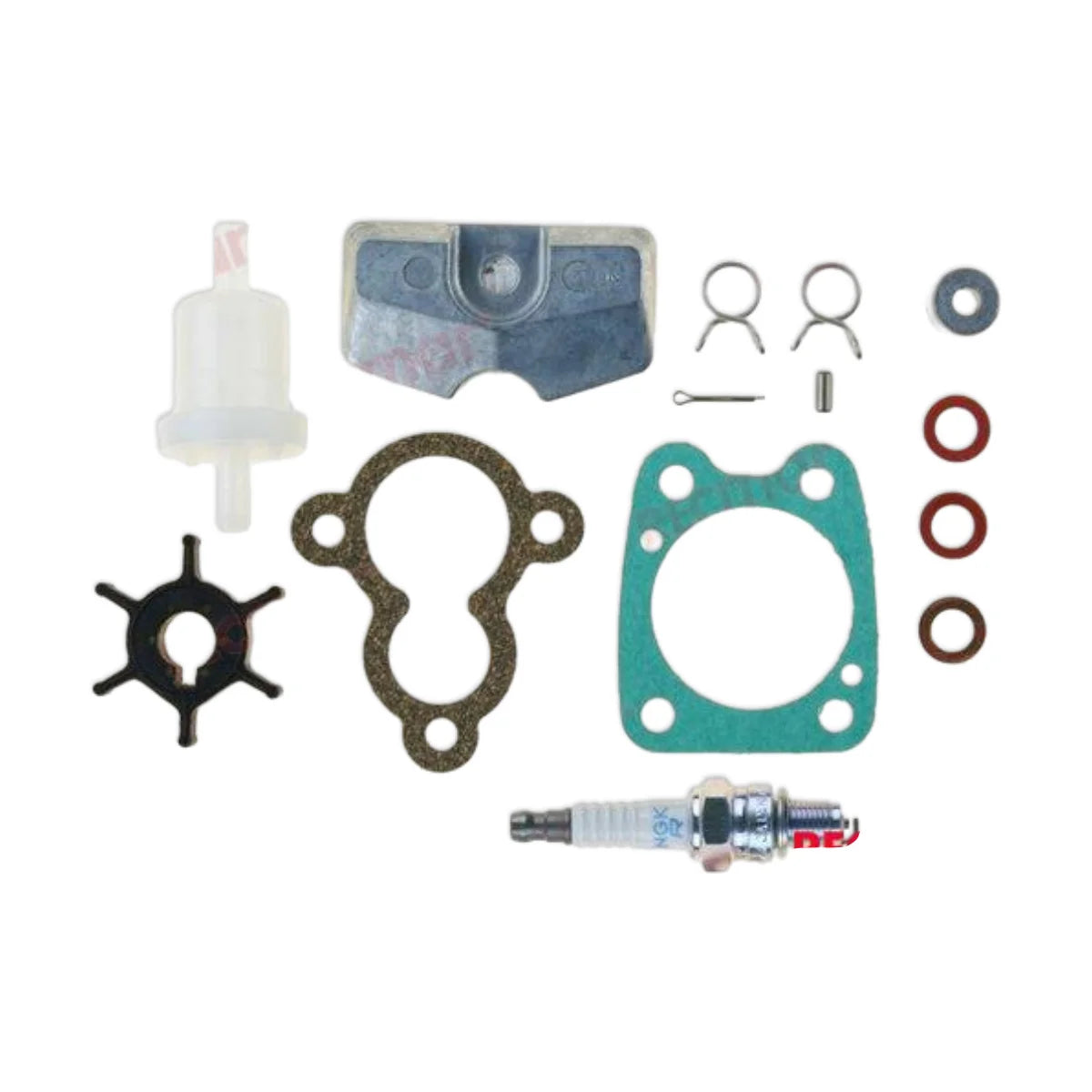 Image of various engine service and maintenance parts on a white background.