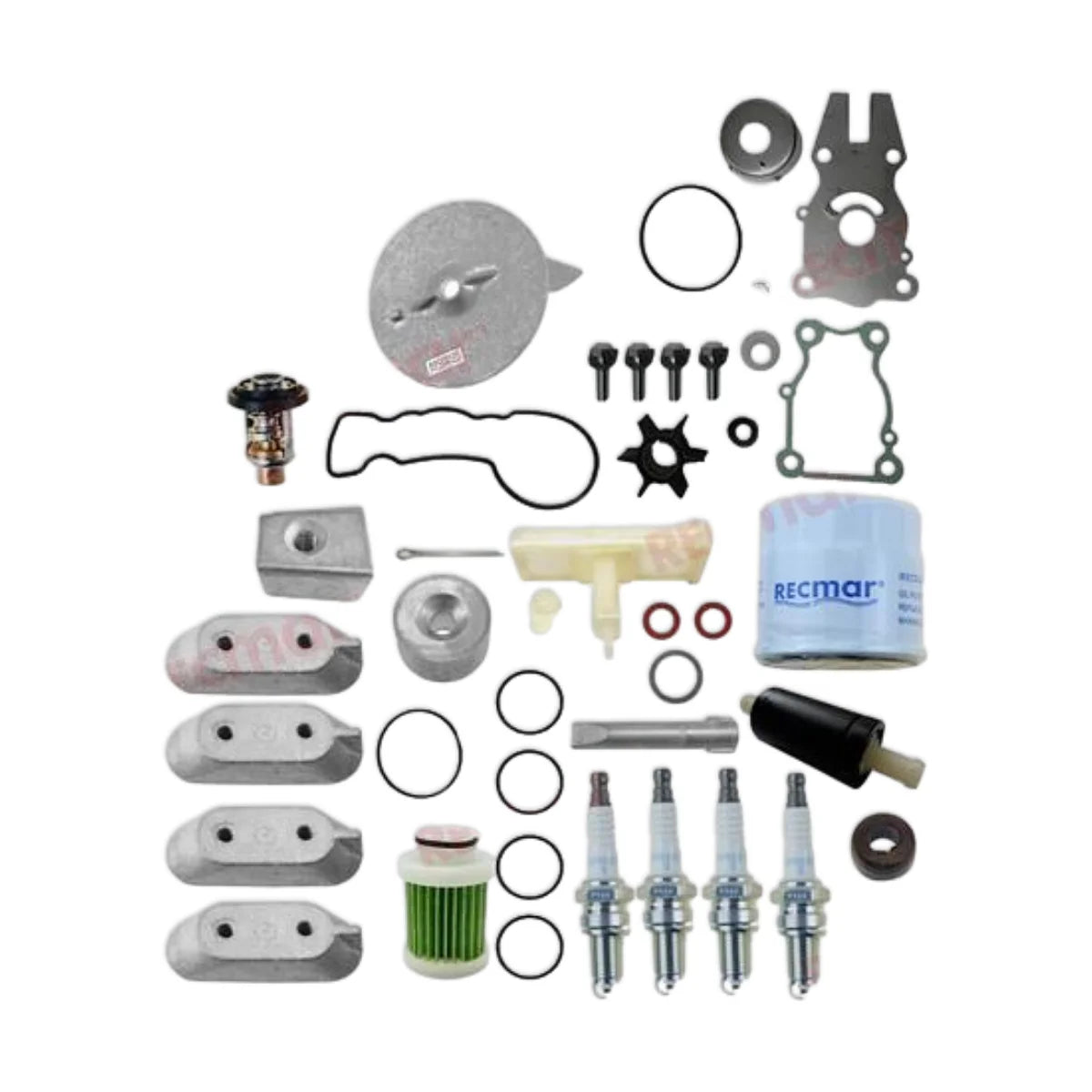 Image of various engine service and maintenance parts on a white background.