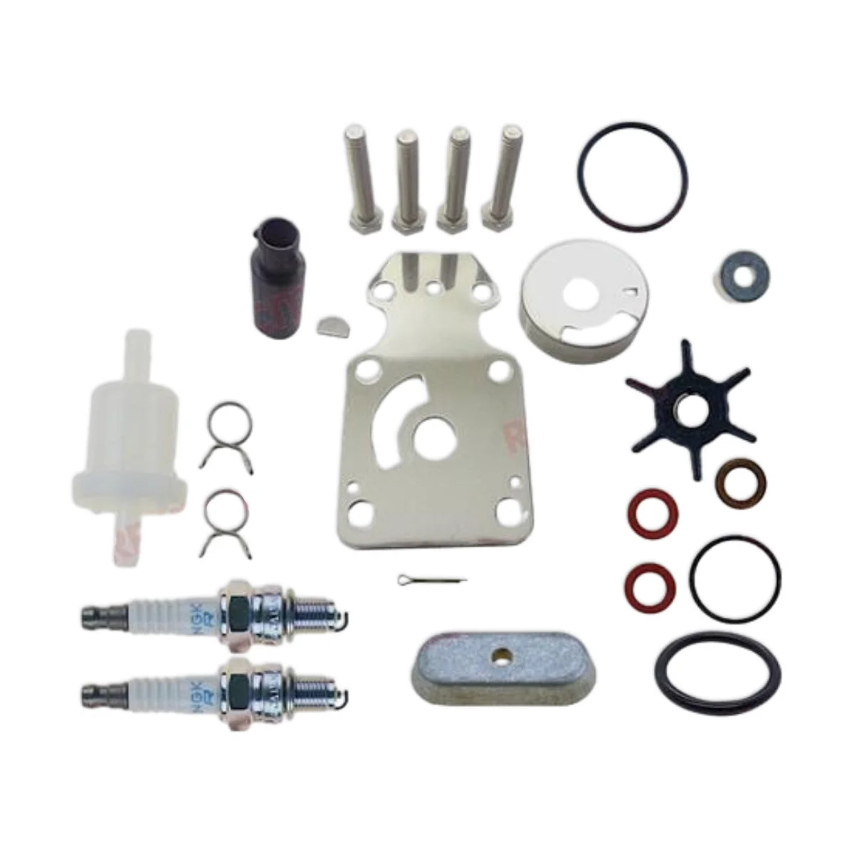 Image of various engine service and maintenance parts on a white background.