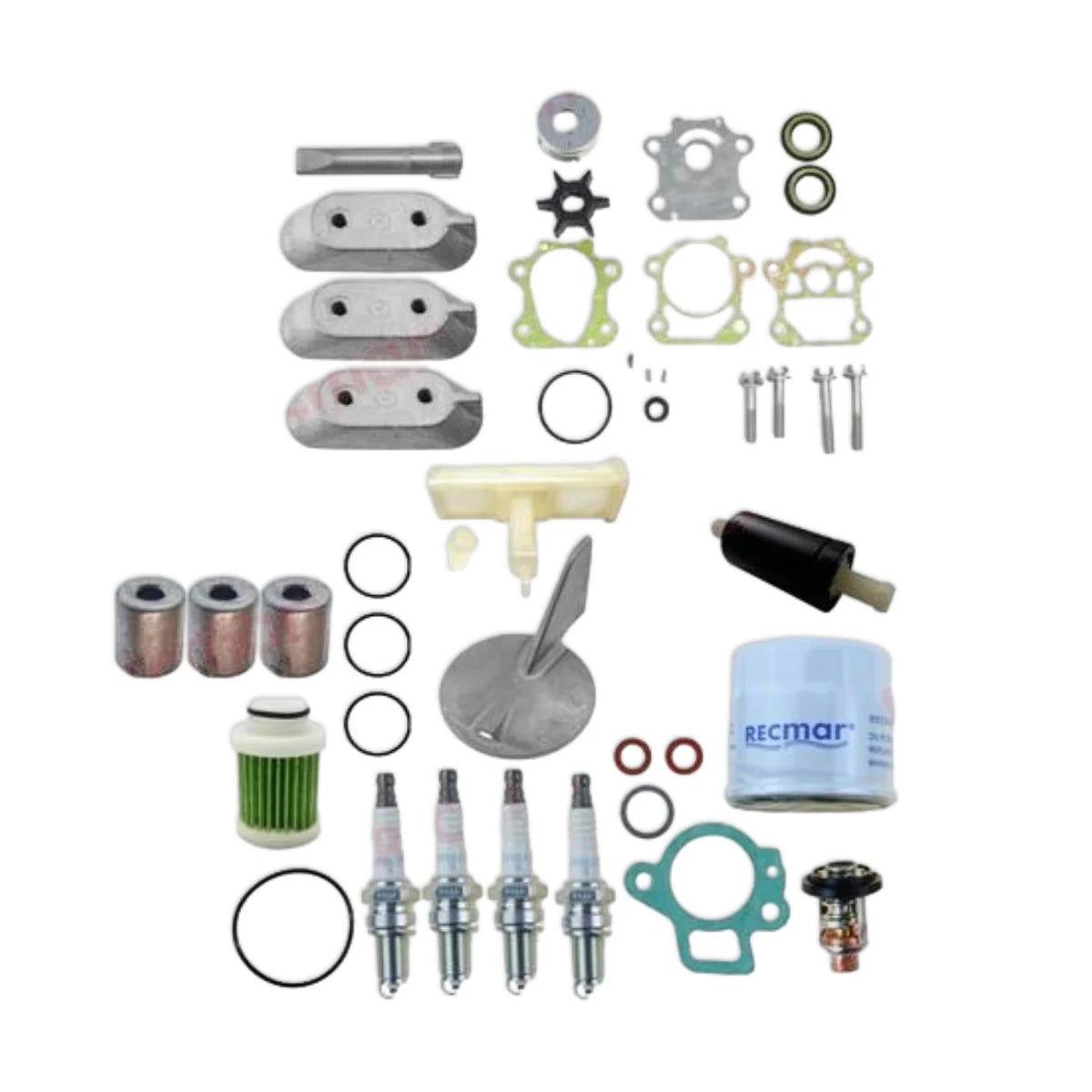 Image of various engine service and maintenance parts on a white background.