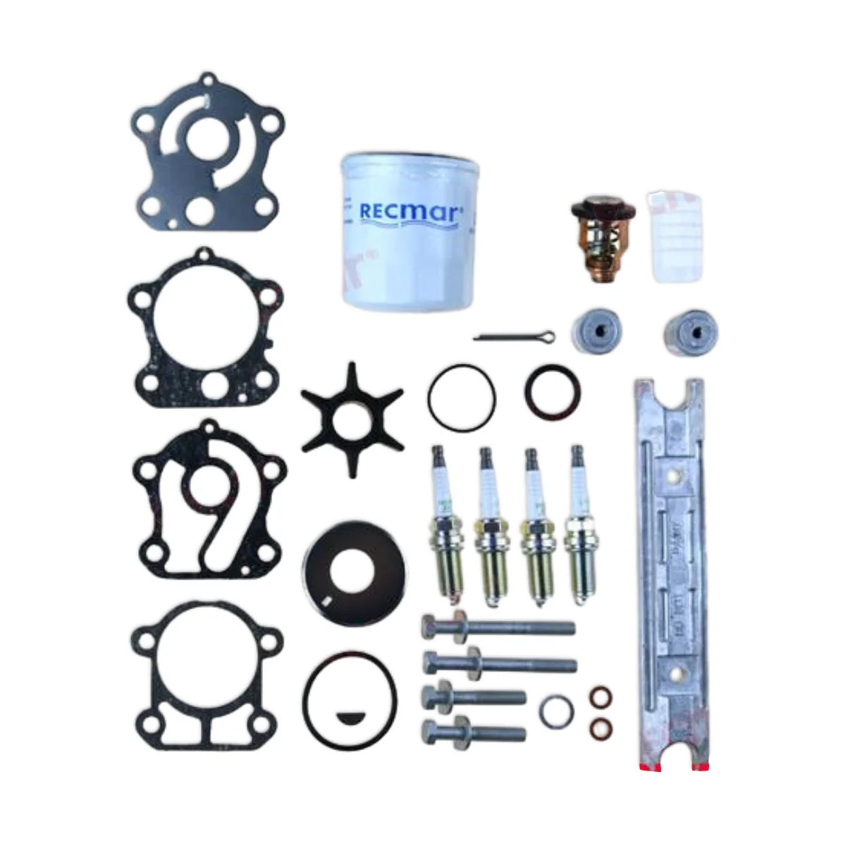 Image of various engine service and maintenance parts on a white background.