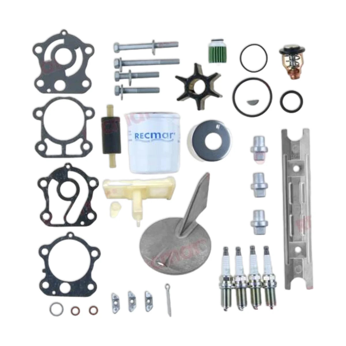 Image of various engine service and maintenance parts on a white background.