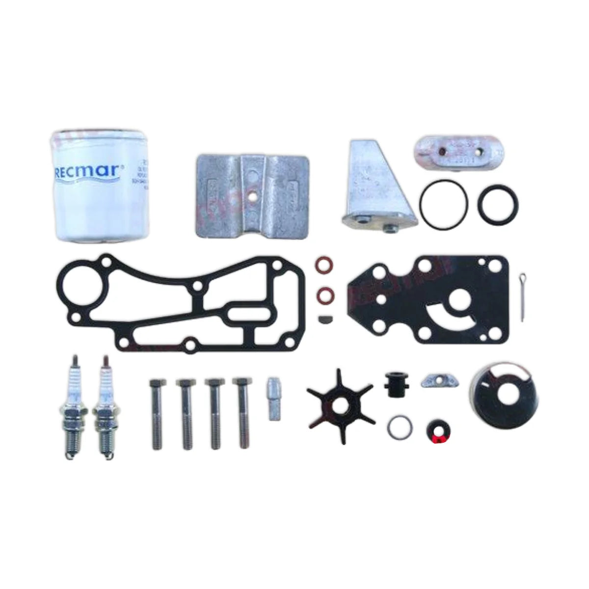 Image of various engine service and maintenance parts on a white background.