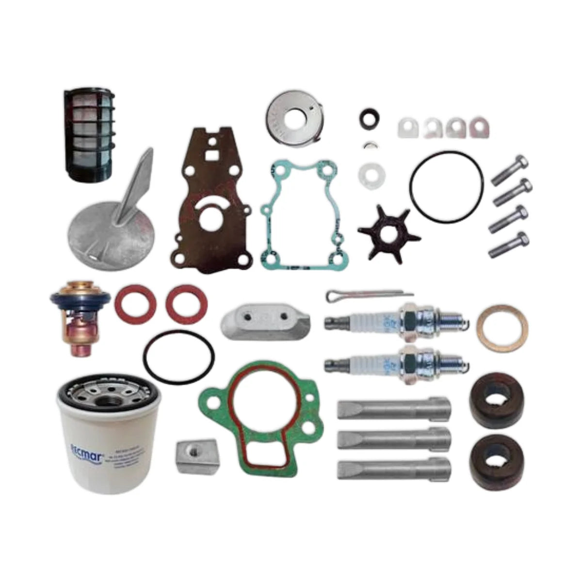 Image of various engine service and maintenance parts on a white background.