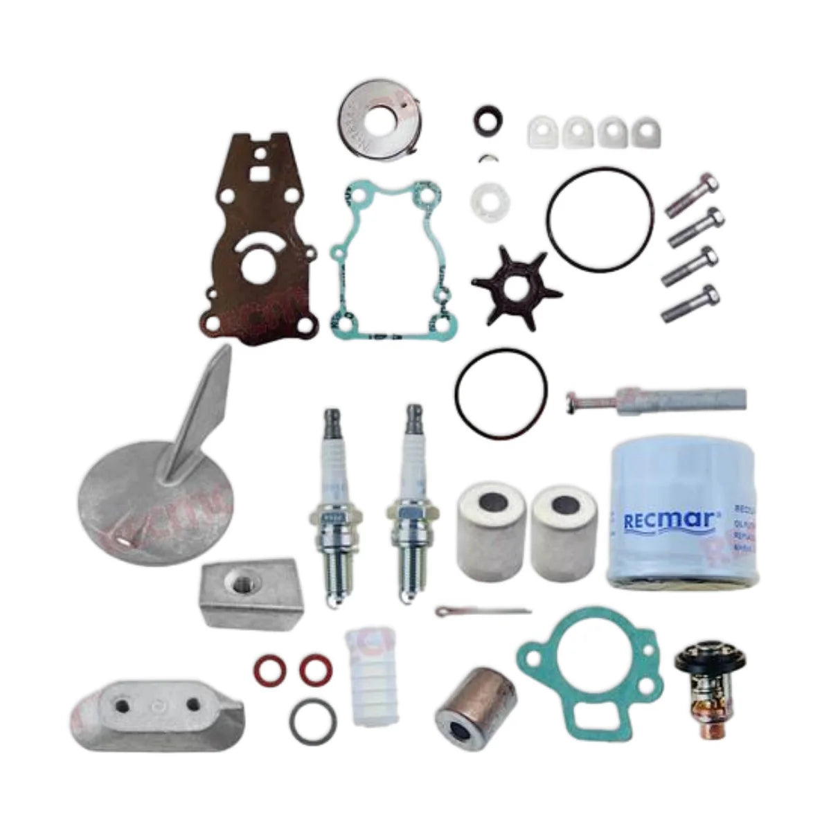 Image of various engine service and maintenance parts on a white background.