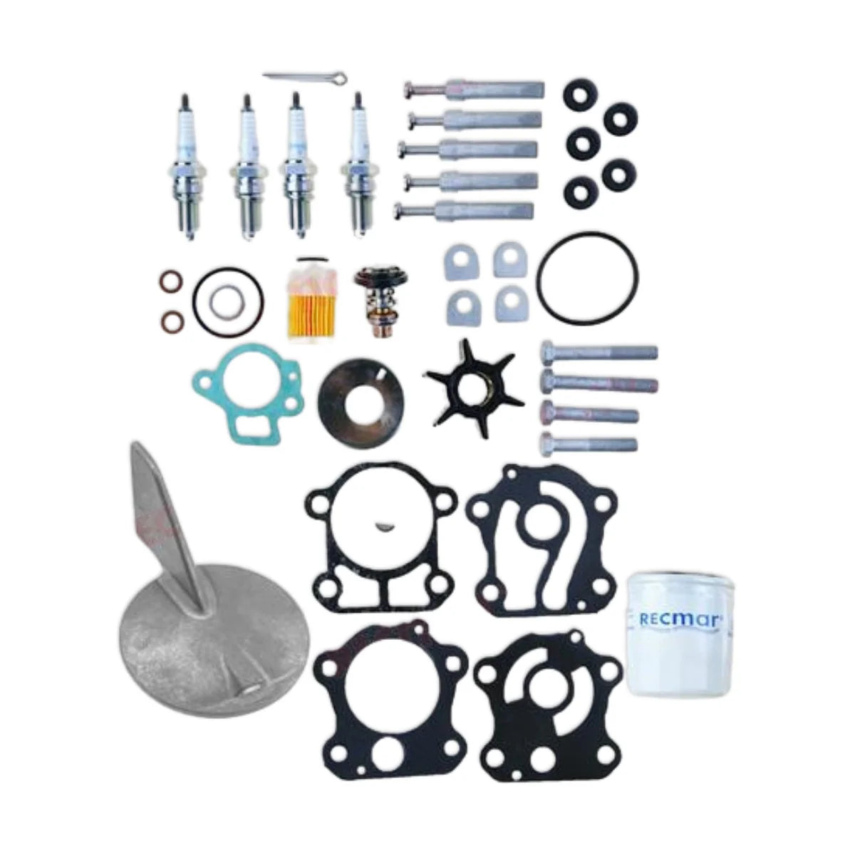 Image of various engine service and maintenance parts on a white background.