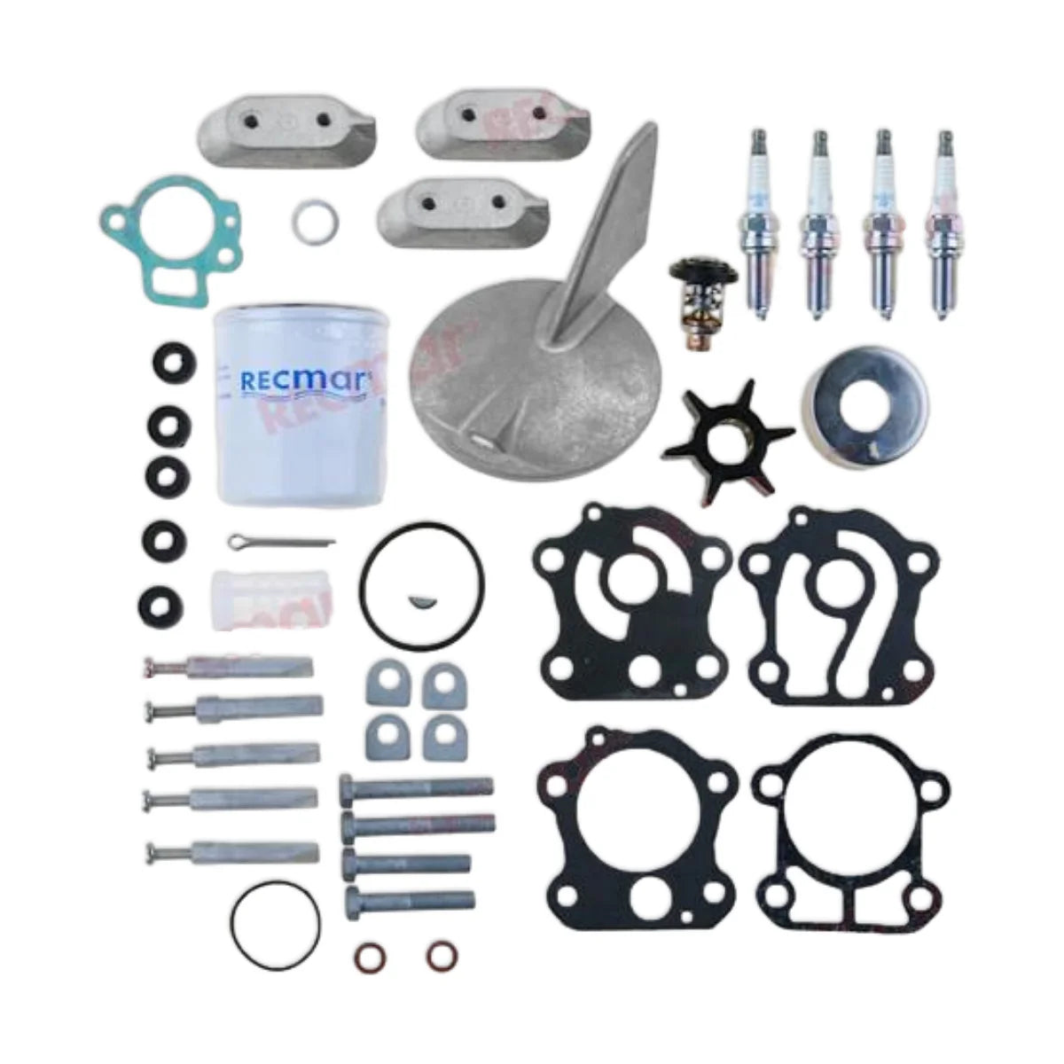 Image of various engine service and maintenance parts on a white background.