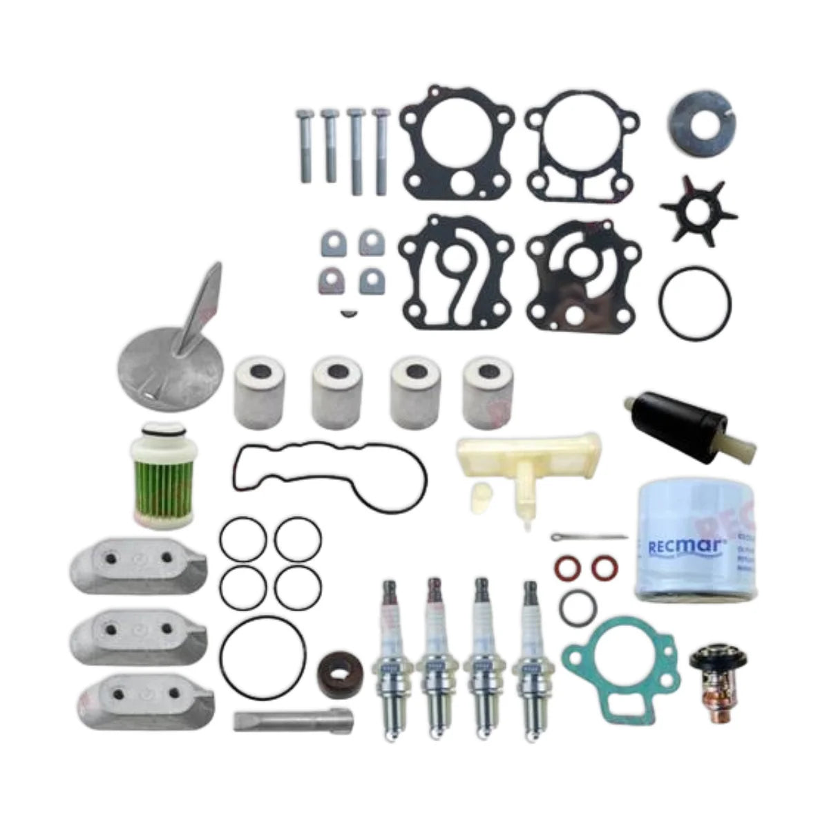 Image of various engine service and maintenance parts on a white background.
