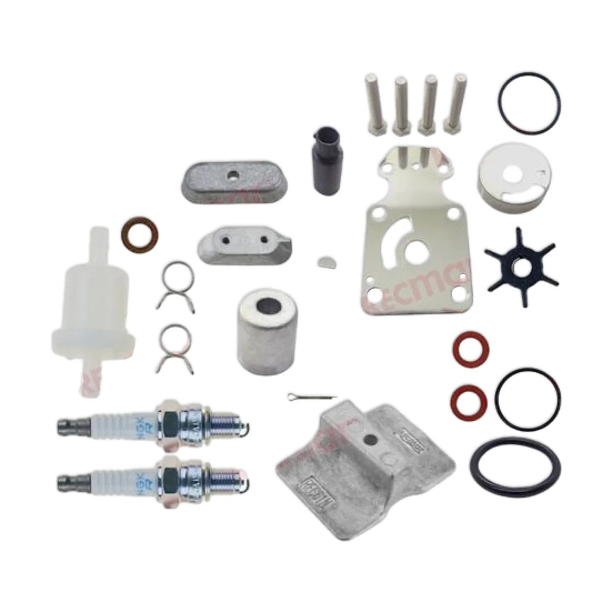 Image of various engine service and maintenance parts on a white background.