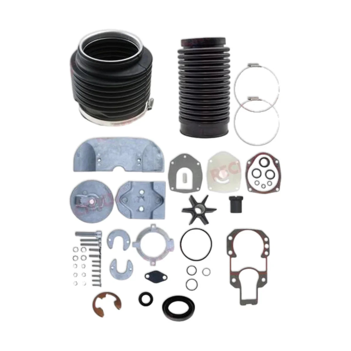 Image of various sterndrive service and maintenance parts such as anodes, bellows, impellers, gaskets, clips and seals on a white background.