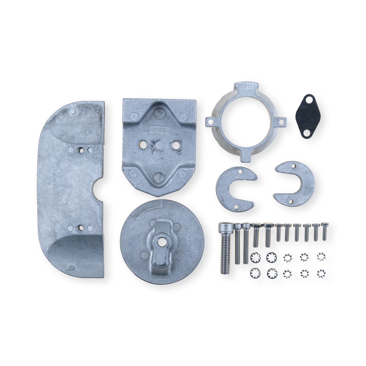 Kit of aluminium anodes for a mercruiser alpha 2 sterndrive on a white background.