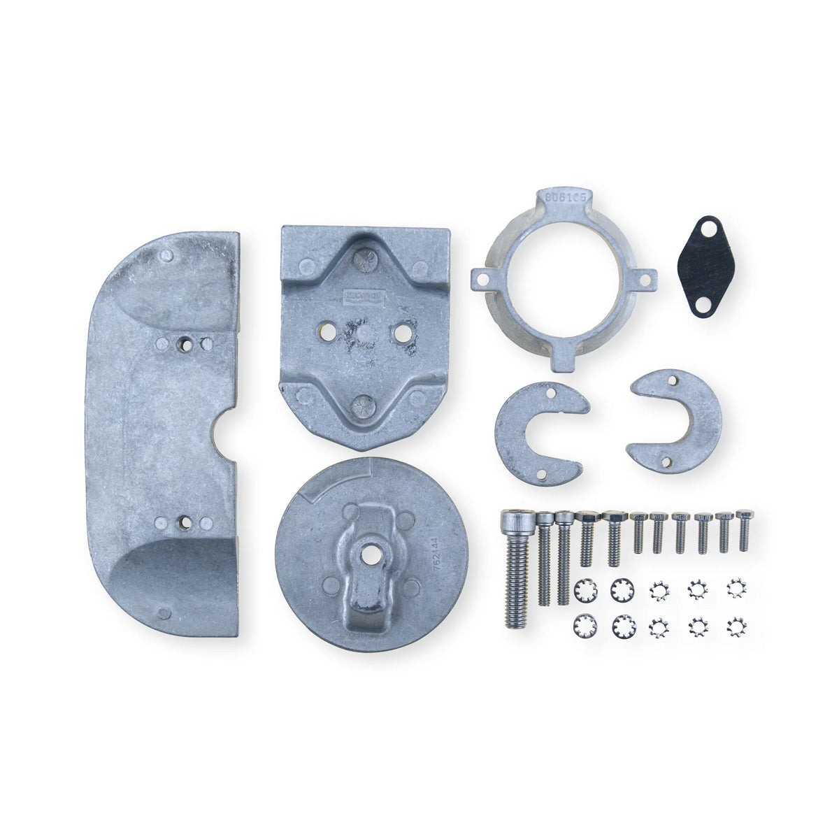 Kit of aluminium anodes for a mercruiser alpha 2 sterndrive on a white background.