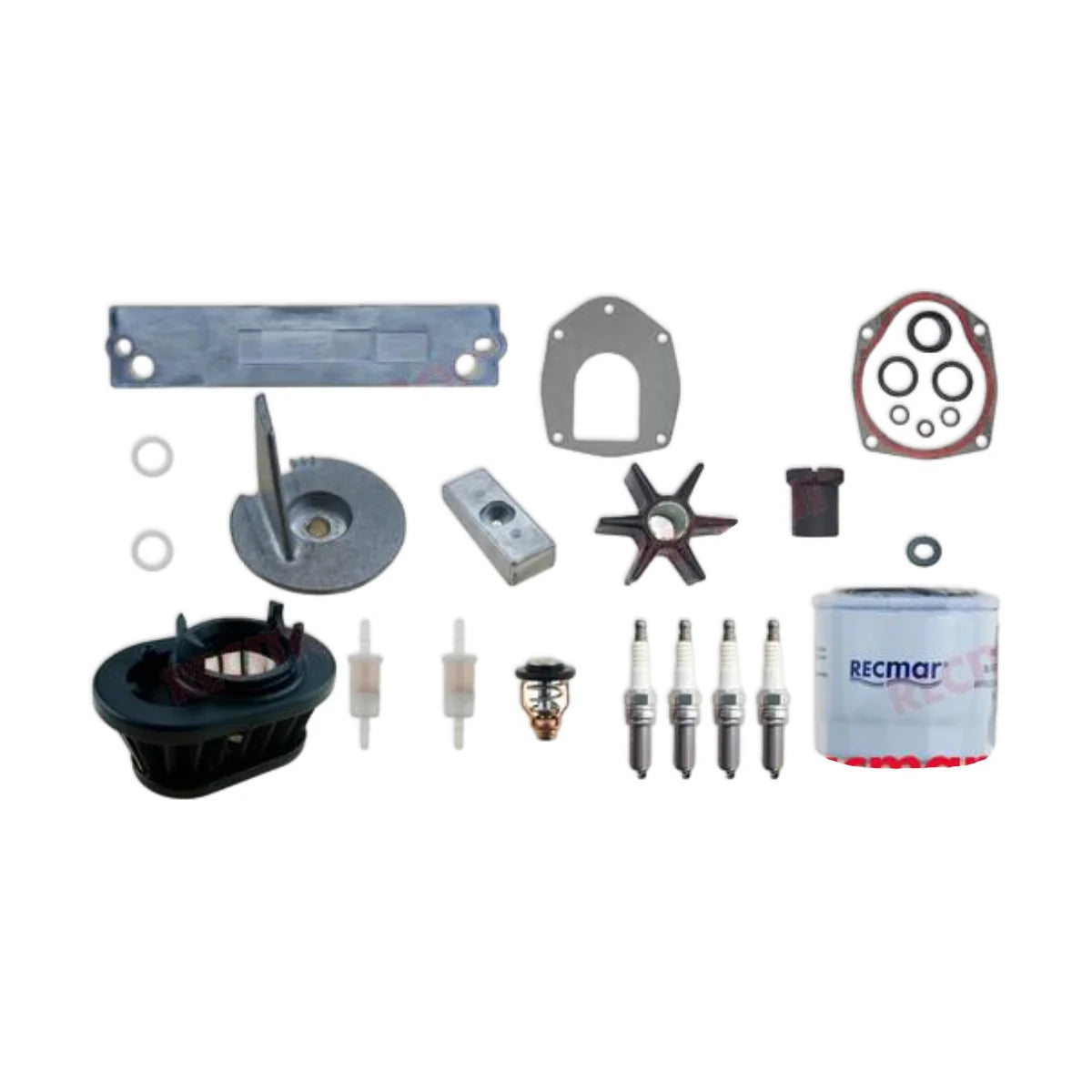 Image of various engine service and maintenance parts on a white background.