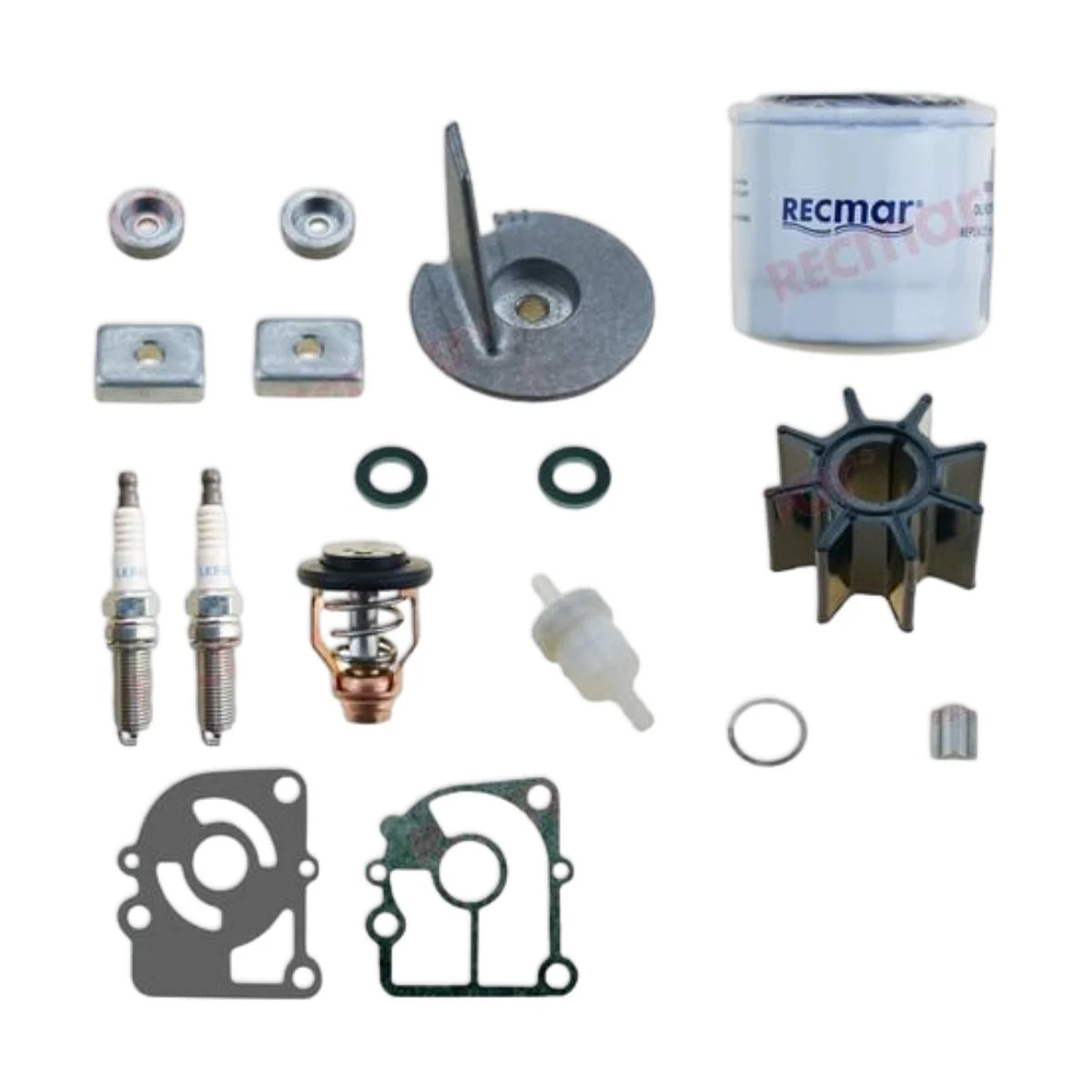 Image of various engine service and maintenance parts on a white background.