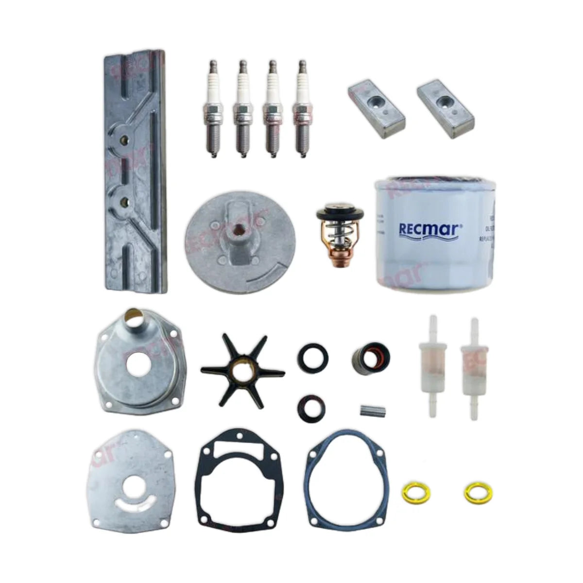 Image of various engine service and maintenance parts on a white background.