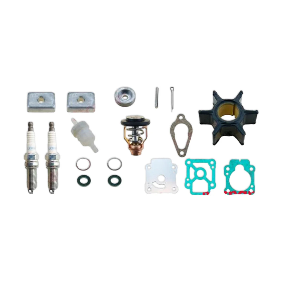 Image of various engine service and maintenance parts on a white background.
