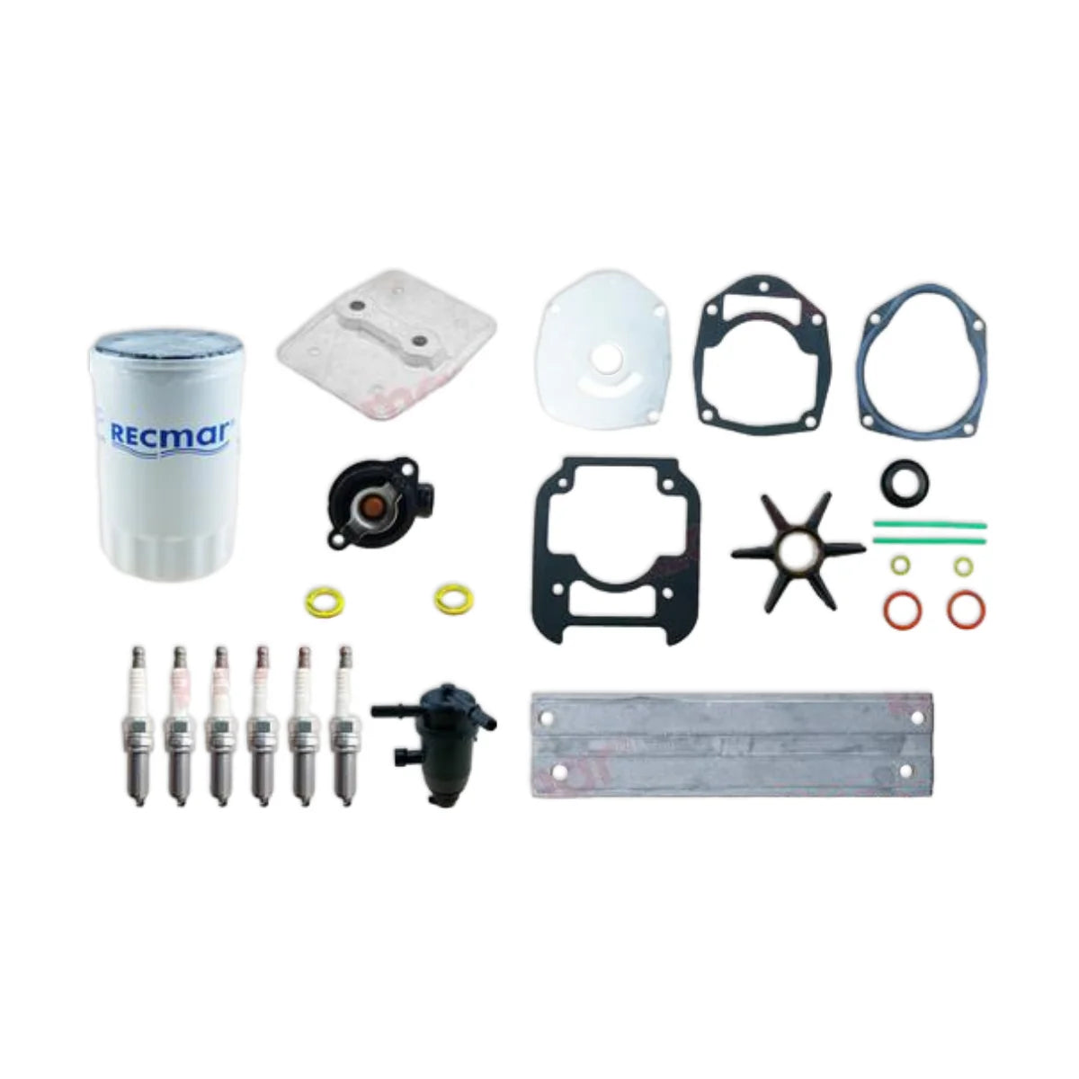 Image of various engine service and maintenance parts on a white background.