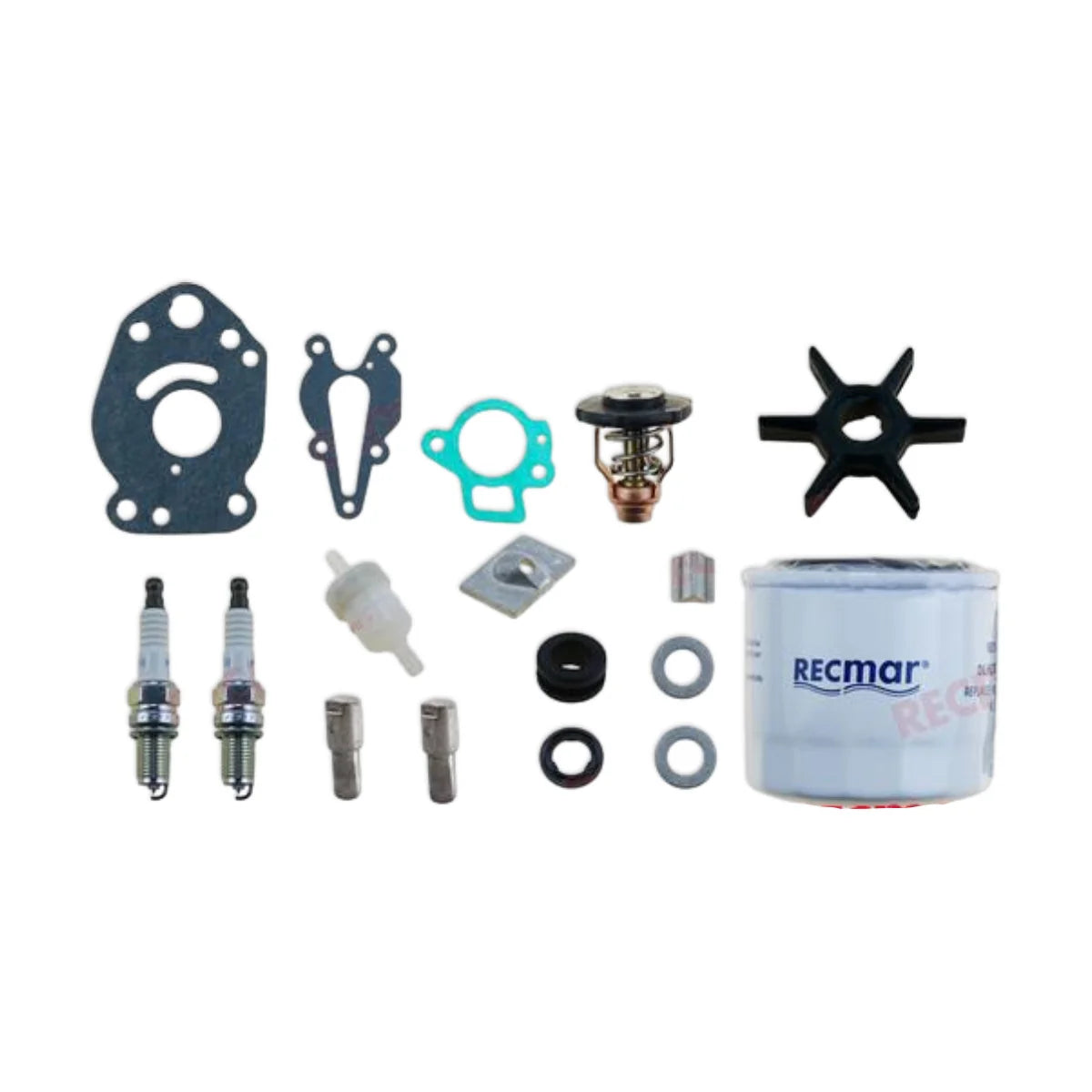 Image of various engine service and maintenance parts on a white background.