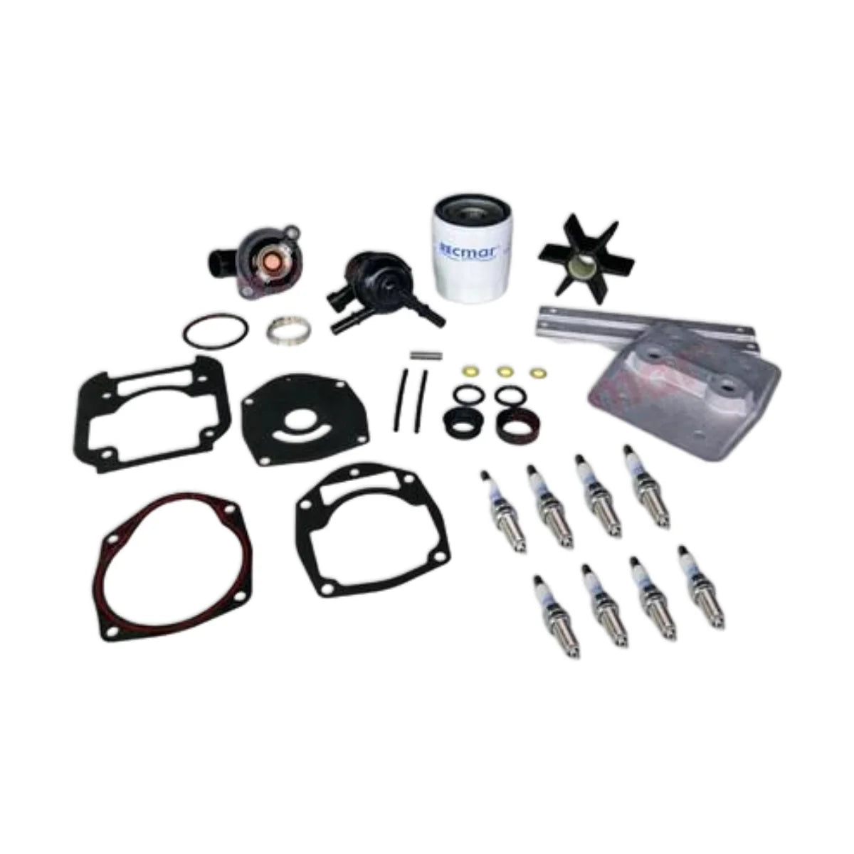 Image of various engine service and maintenance parts on a white background.