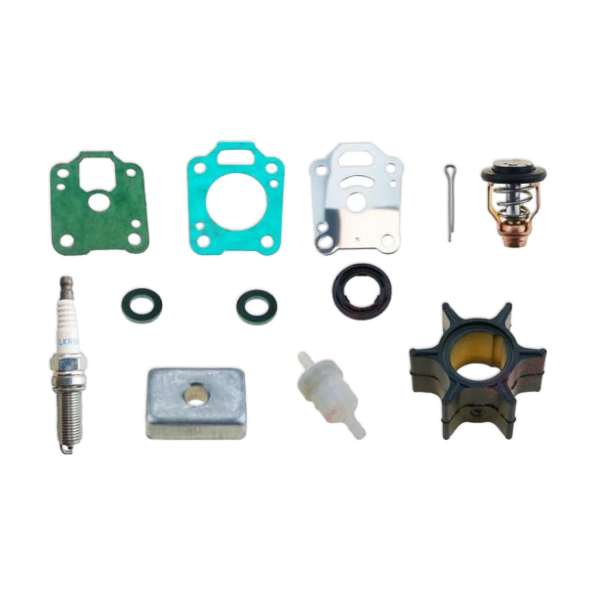 Image of various engine service and maintenance parts on a white background.