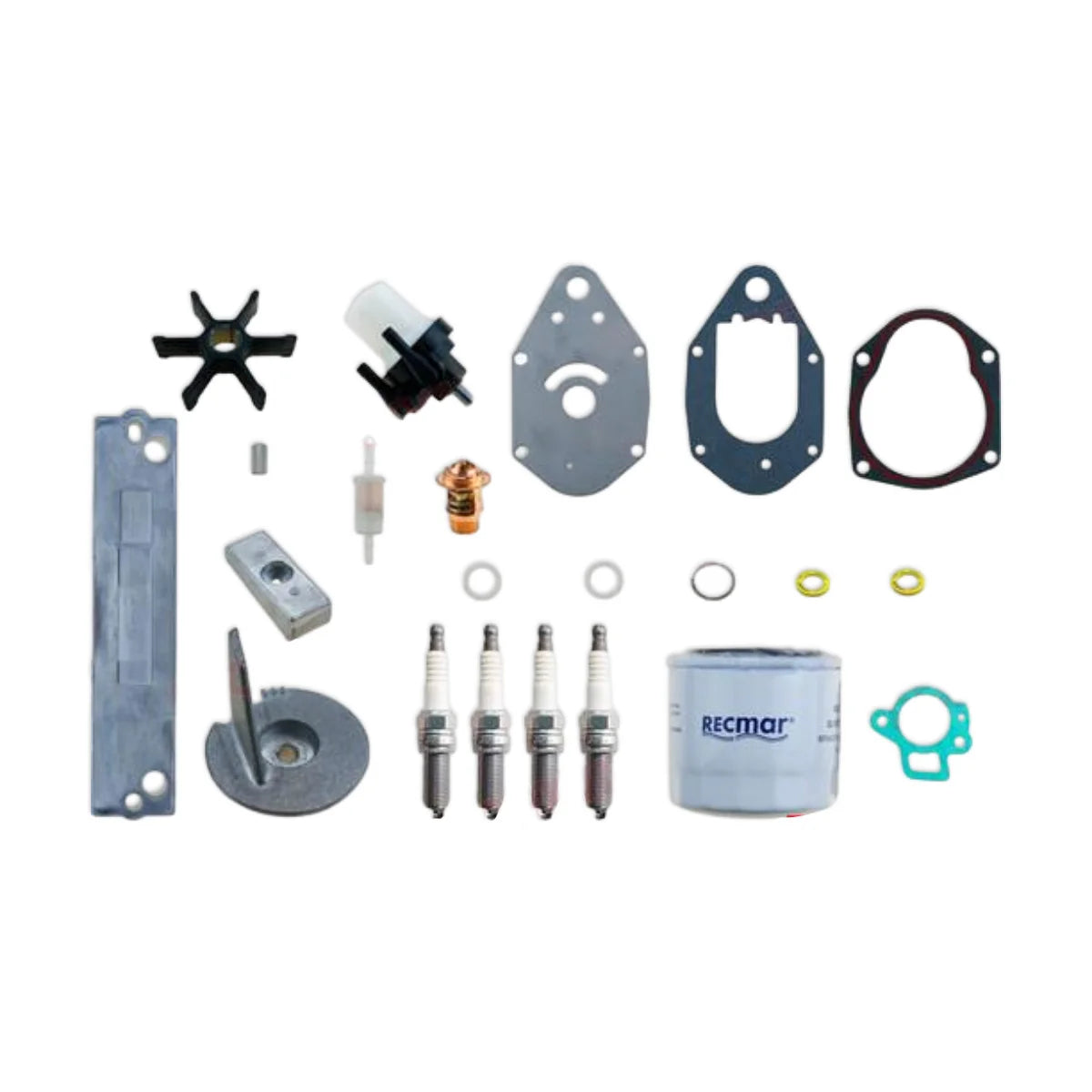 Image of various engine service and maintenance parts on a white background.