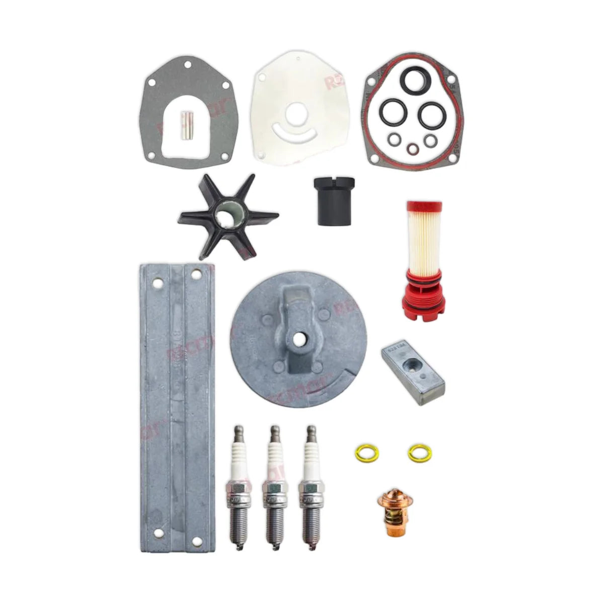 Image of various engine service and maintenance parts on a white background.