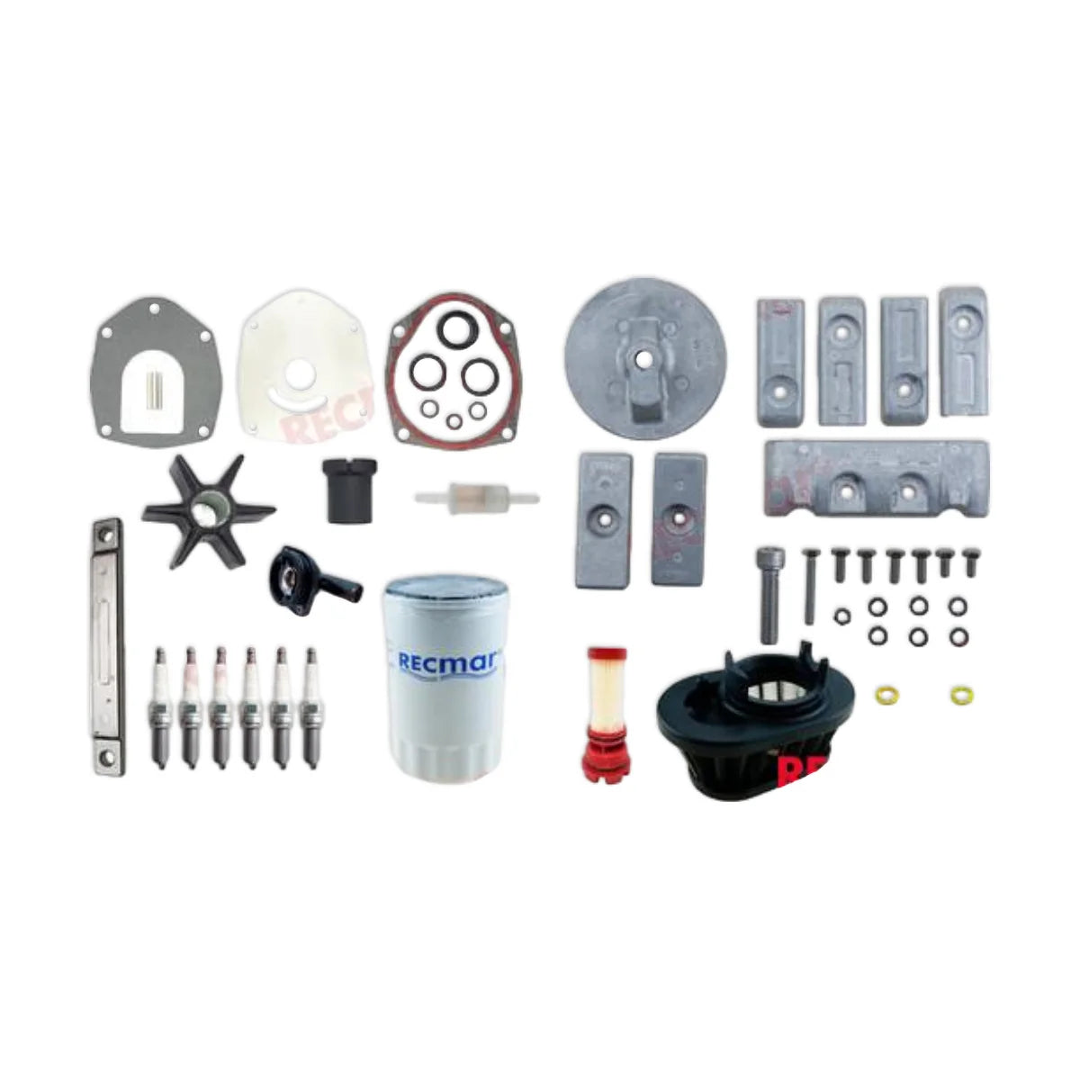 Image of various engine service and maintenance parts on a white background.
