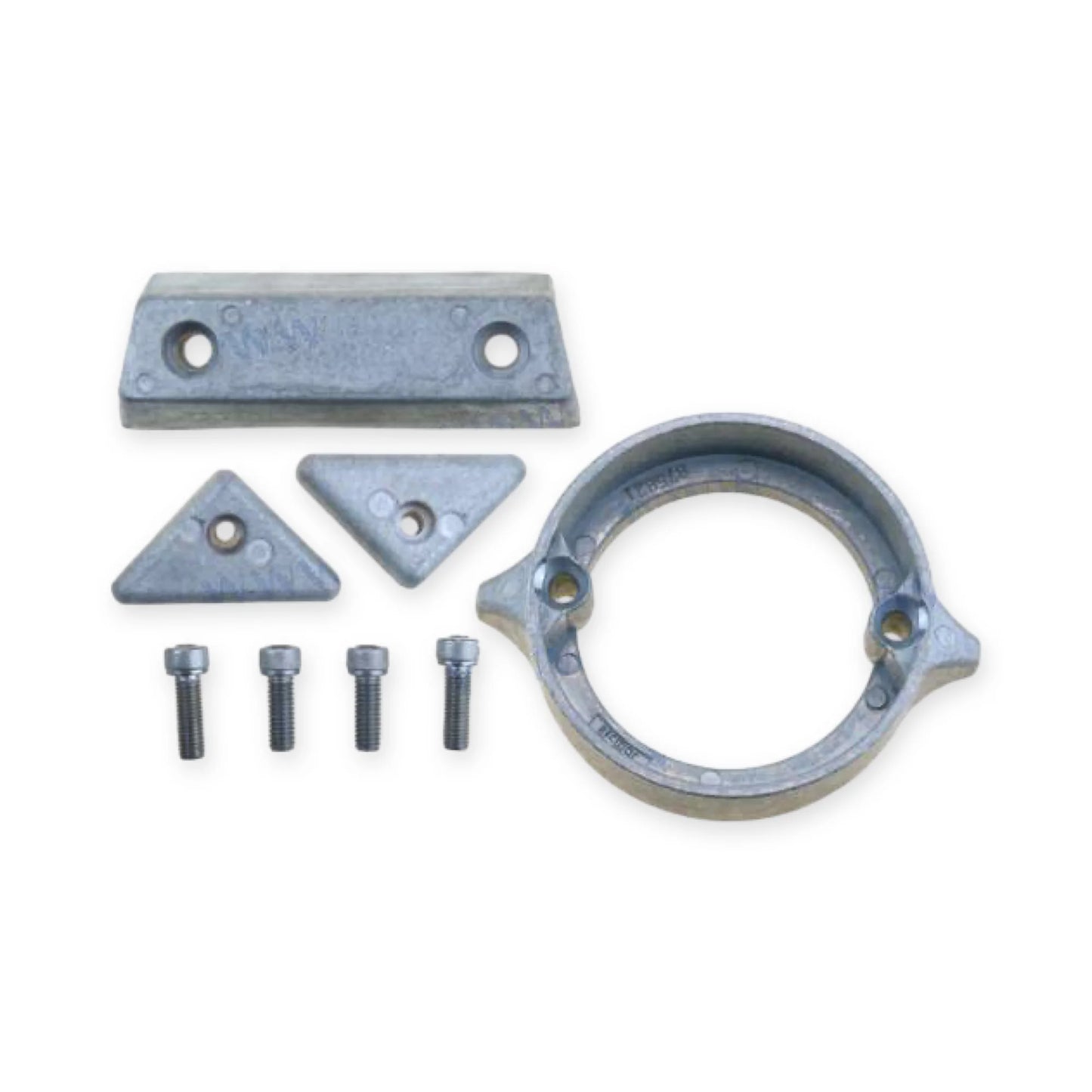 Kit of aluminium anodes for a volvo penta dp290 sterndrive on a white background.
