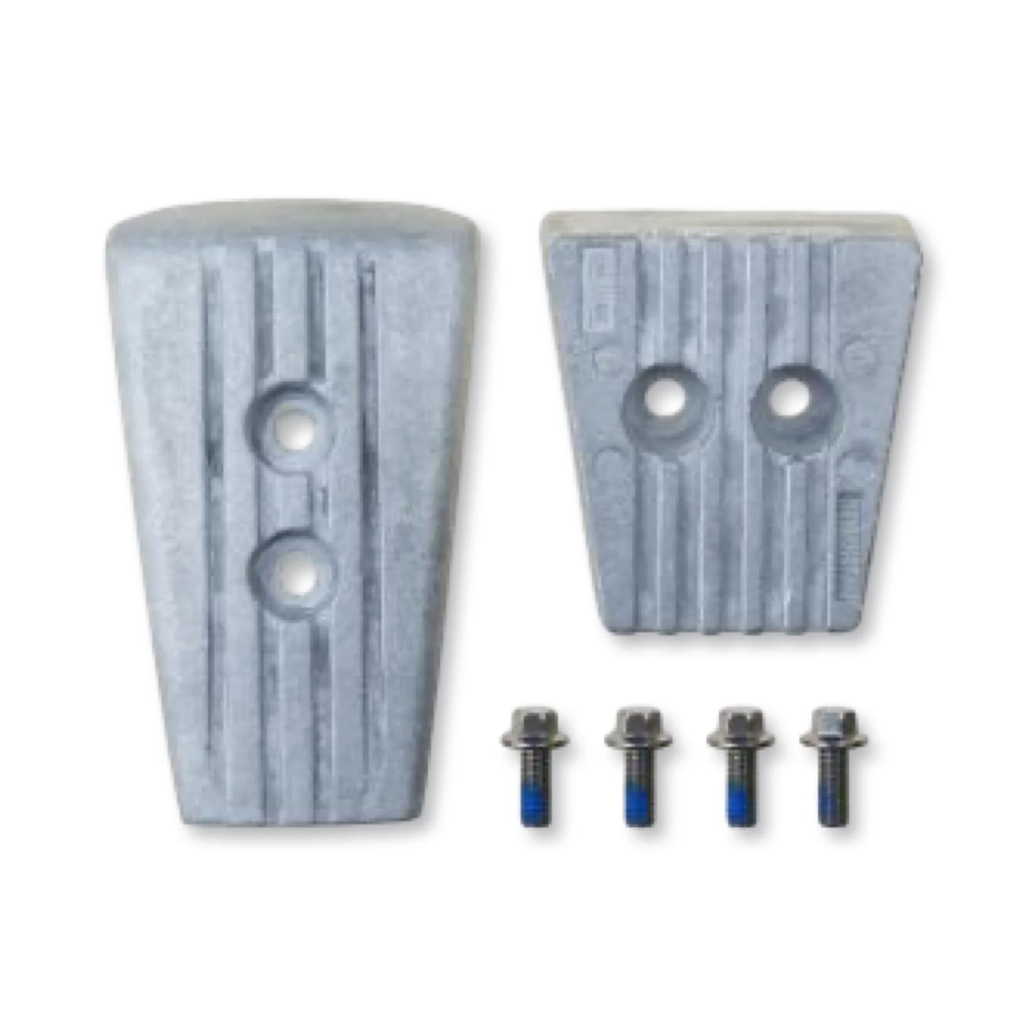 Two aluminium anodes for a volvo penta SXA sterndrive on a white background.