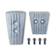Two aluminium anodes for a volvo penta SXA sterndrive on a white background.