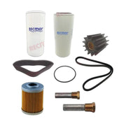 Image various engine service and maintenance parts on a white background.
