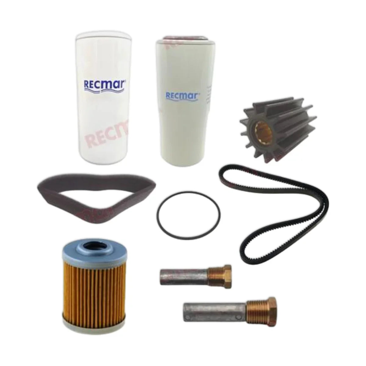 Image various engine service and maintenance parts on a white background.