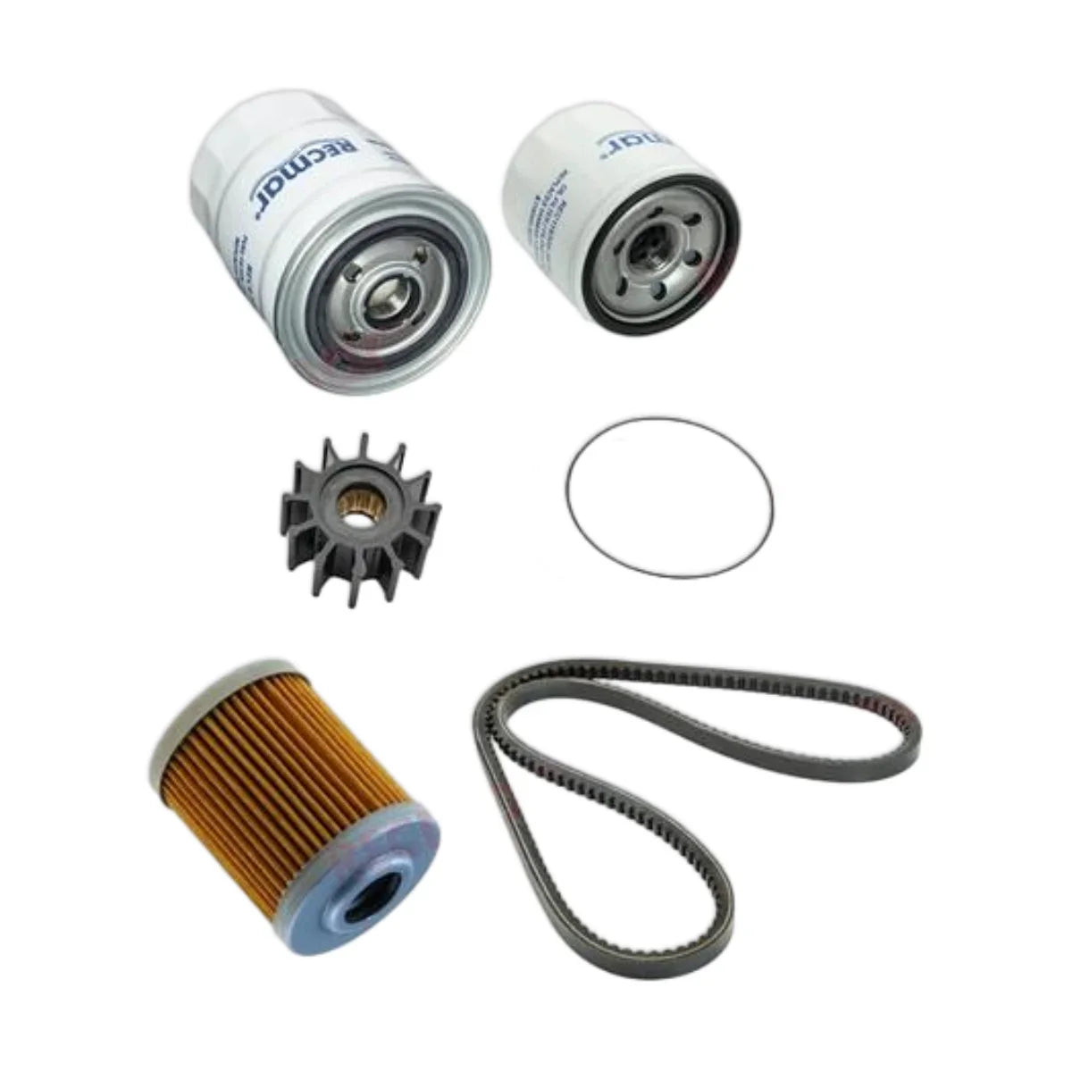 Image various engine service and maintenance parts on a white background.