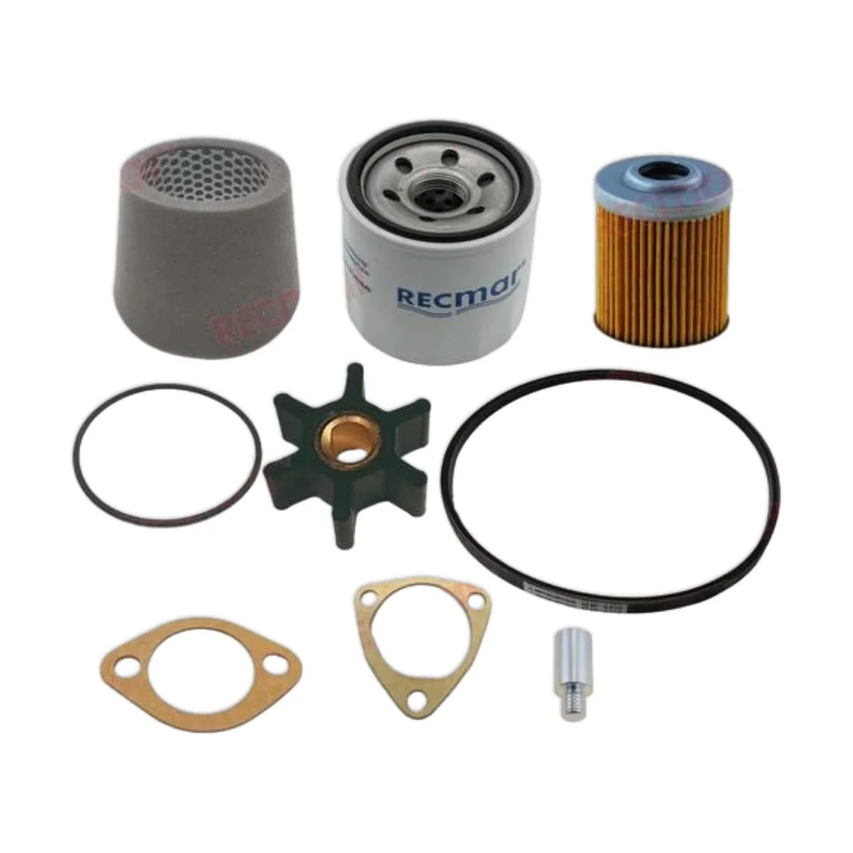 Image various engine service and maintenance parts on a white background.