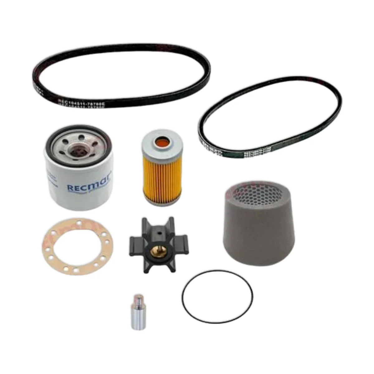 Image various engine service and maintenance parts on a white background.