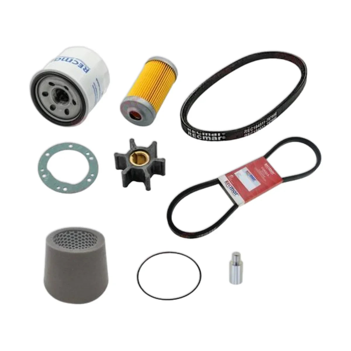 Image various engine service and maintenance parts on a white background.