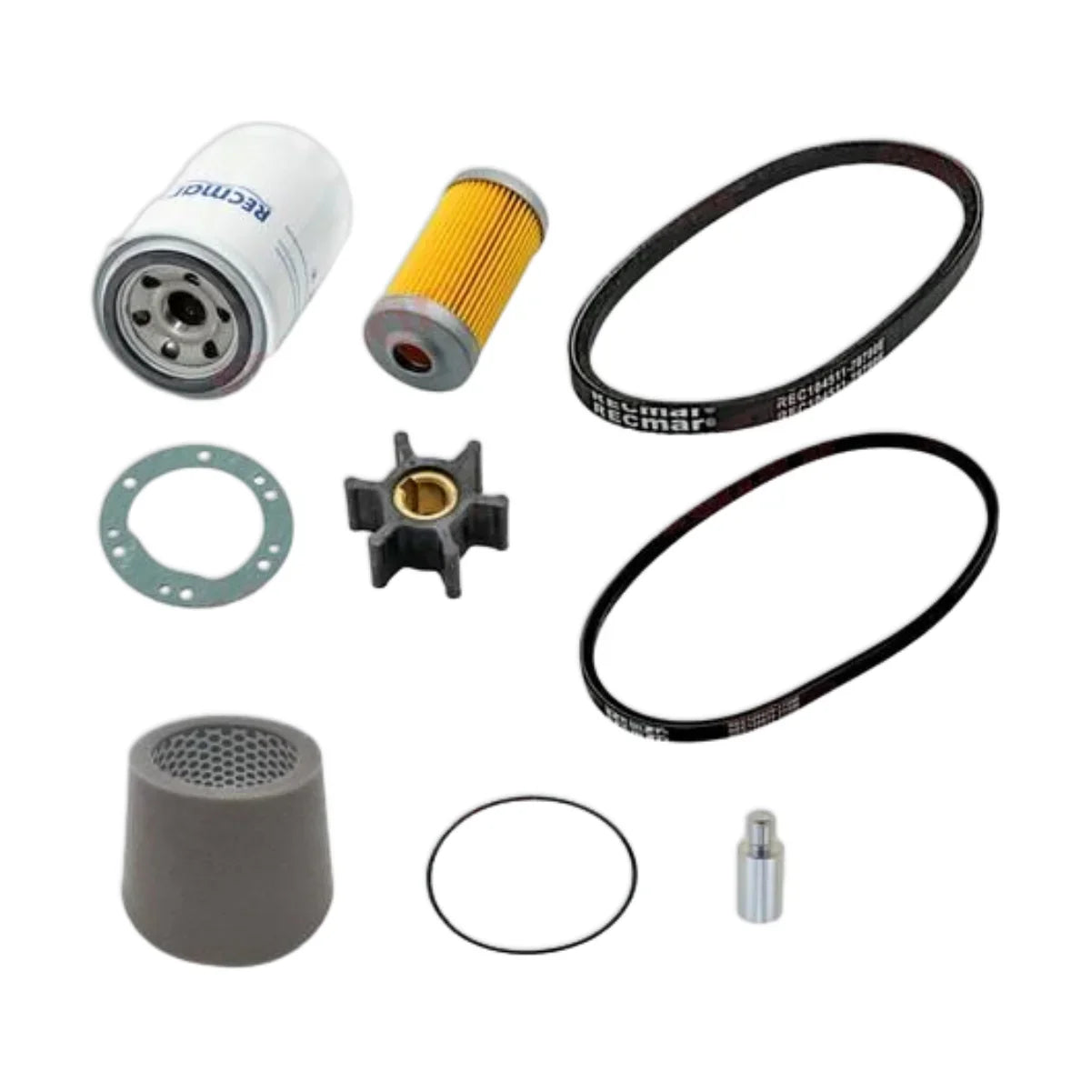 Image various engine service and maintenance parts on a white background.