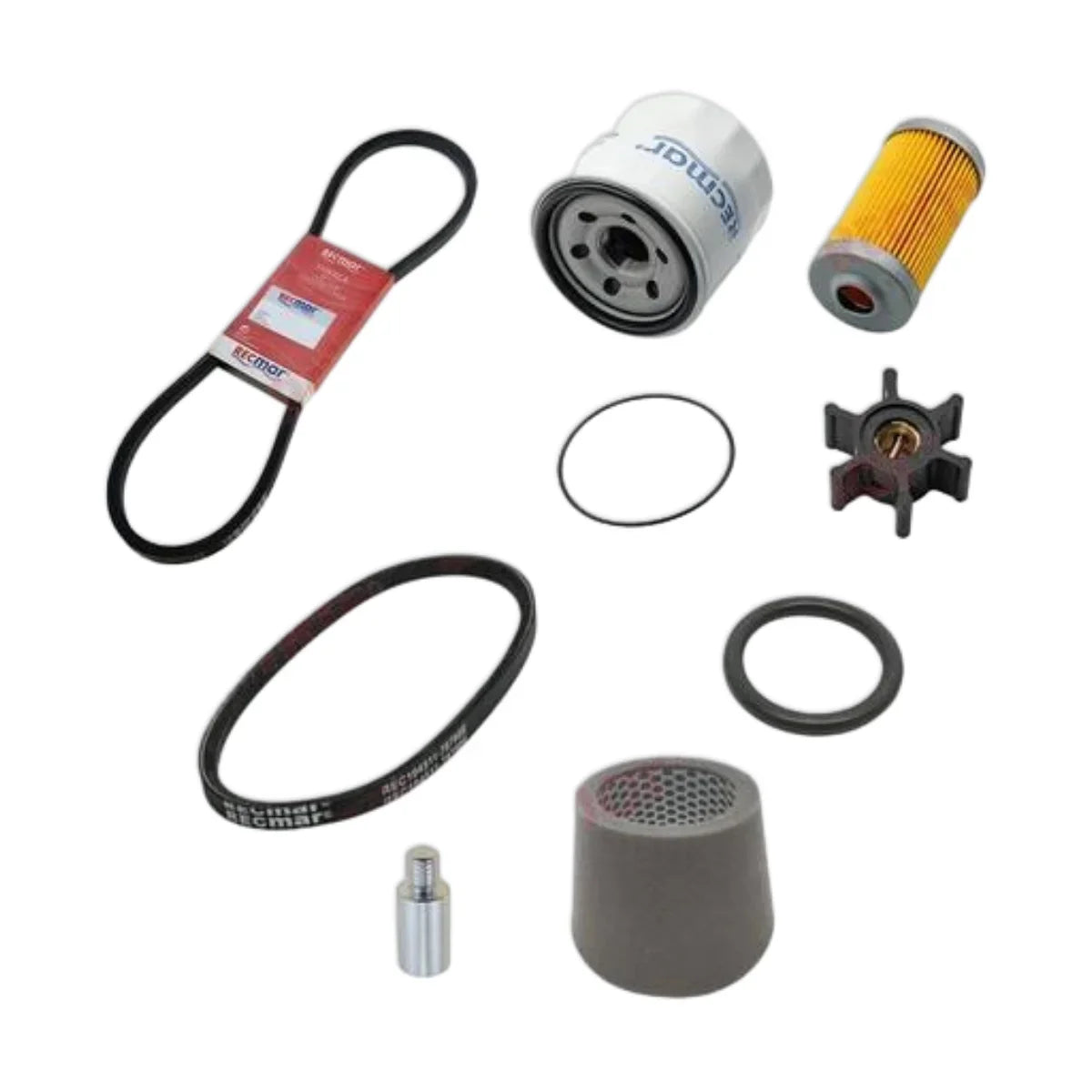 Image various engine service and maintenance parts on a white background.