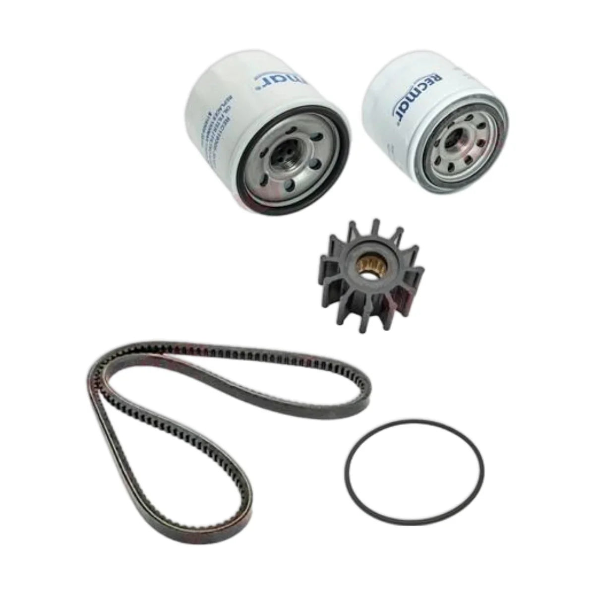 Image various engine service and maintenance parts on a white background.
