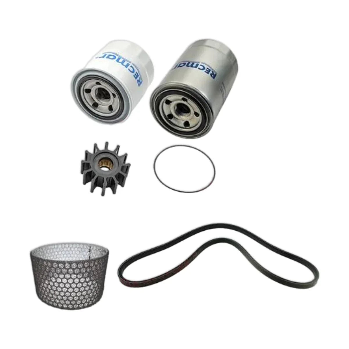 Image various engine service and maintenance parts on a white background.