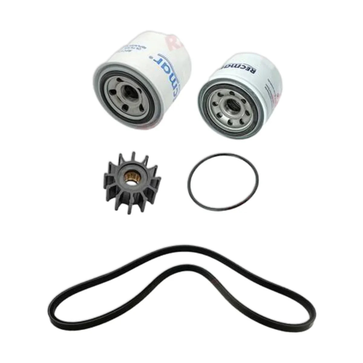 Image various engine service and maintenance parts on a white background.
