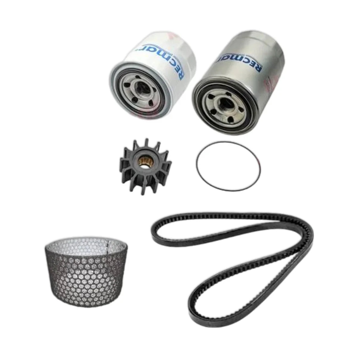 Image various engine service and maintenance parts on a white background.