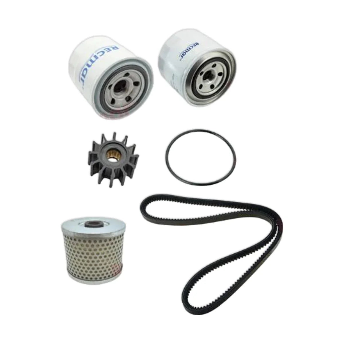 Image various engine service and maintenance parts on a white background.