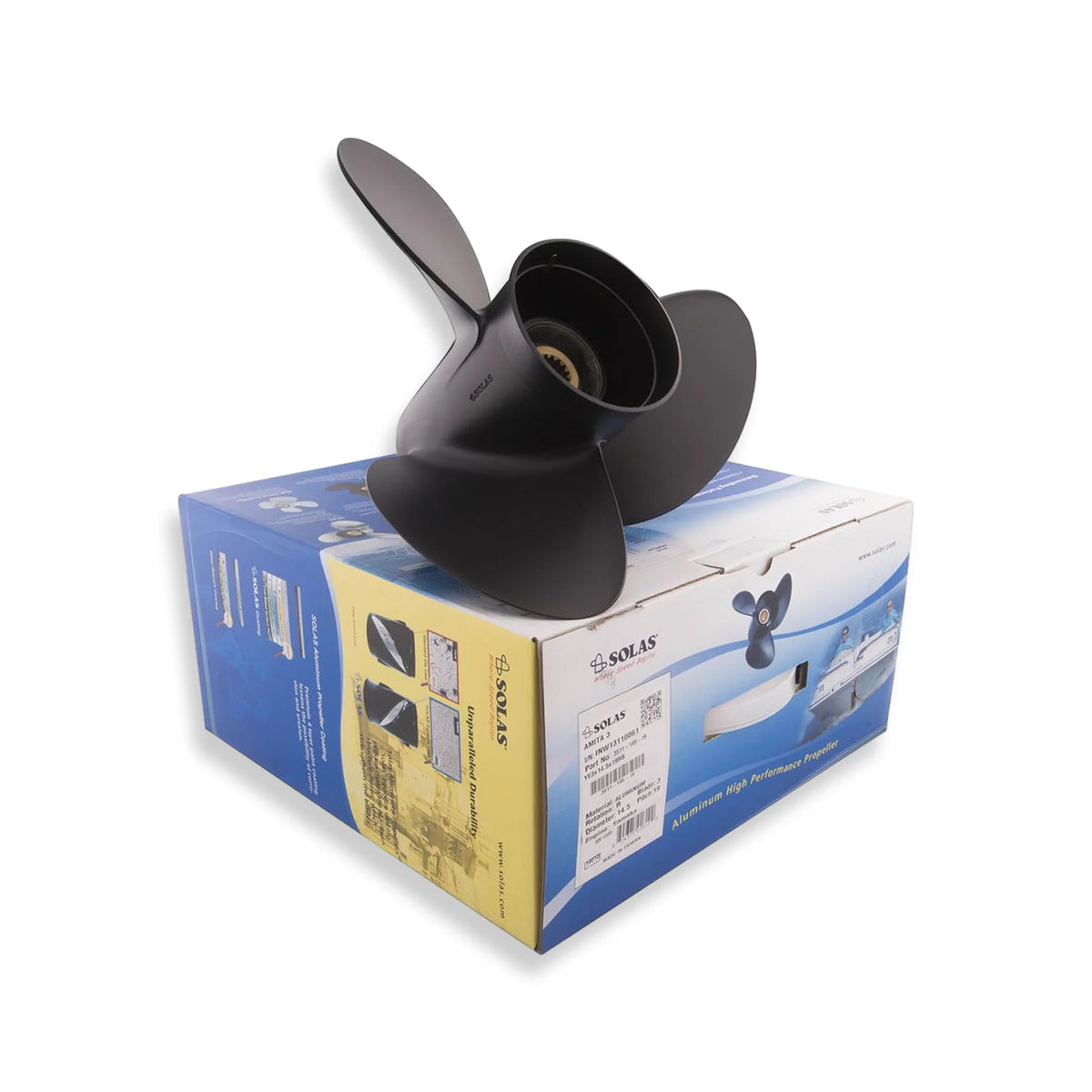 Solas Amita 3 propeller sat on-top of its Solas packaging box on a white background.