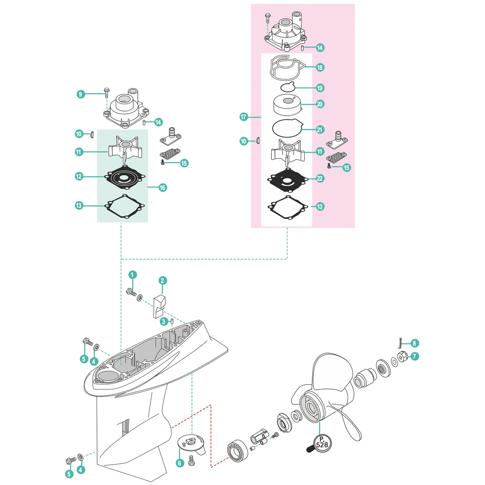 Suzuki DF90, DF100, DF115 and DF140 gearcase and water pump exploded parts diagram