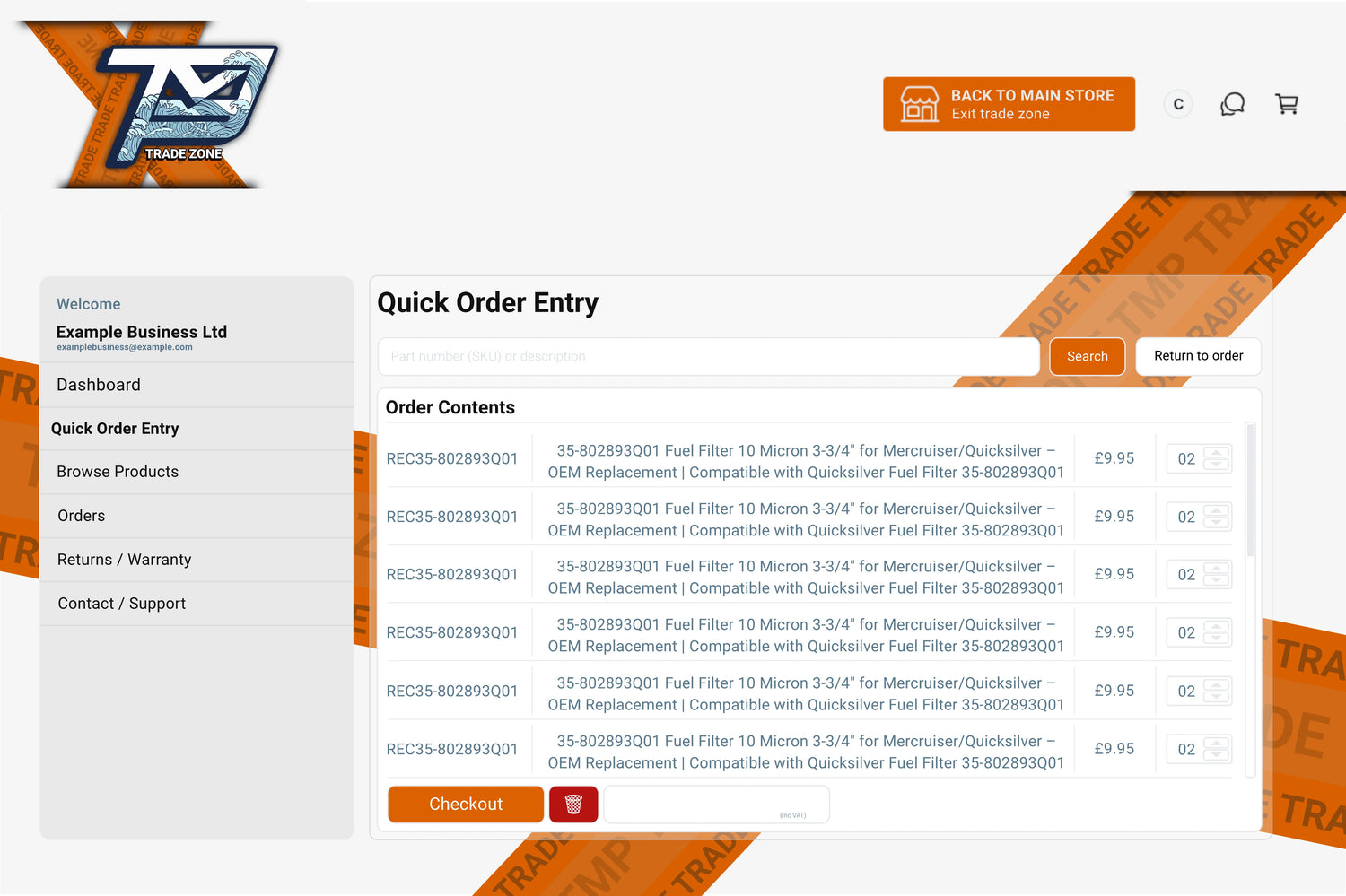 Screenshot image of the Order Entry page in the TMP Global Trade Account Area.