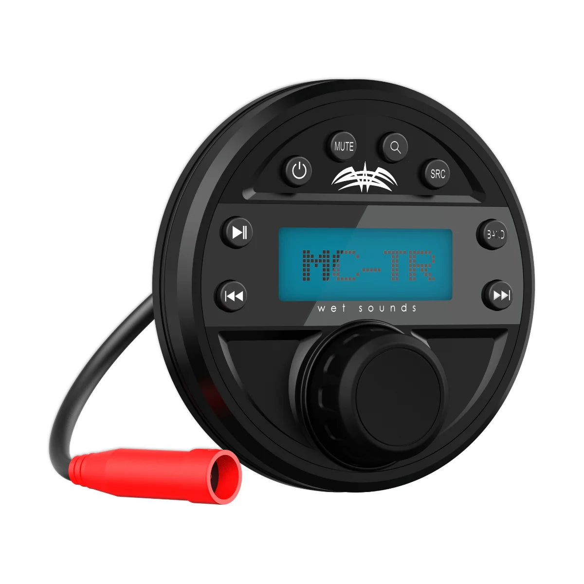 Image of a marine audio control panel with an LCD screen on a white background.